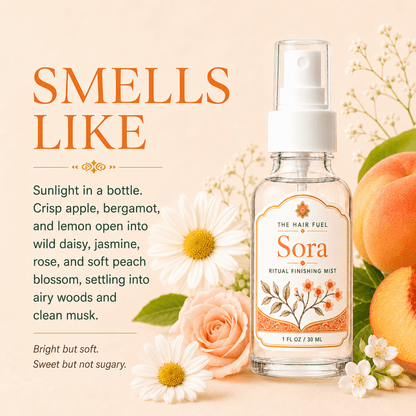 Sora hair mist bottle with flowers and peaches on a light background
