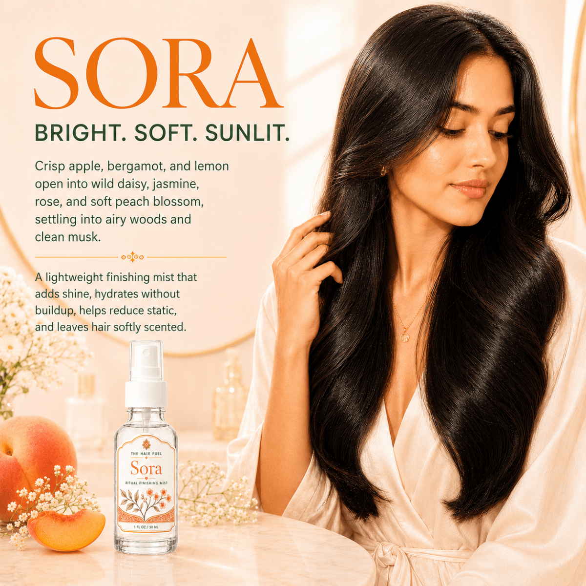 Woman with long hair next to a bottle of Sora hair mist with product description text.