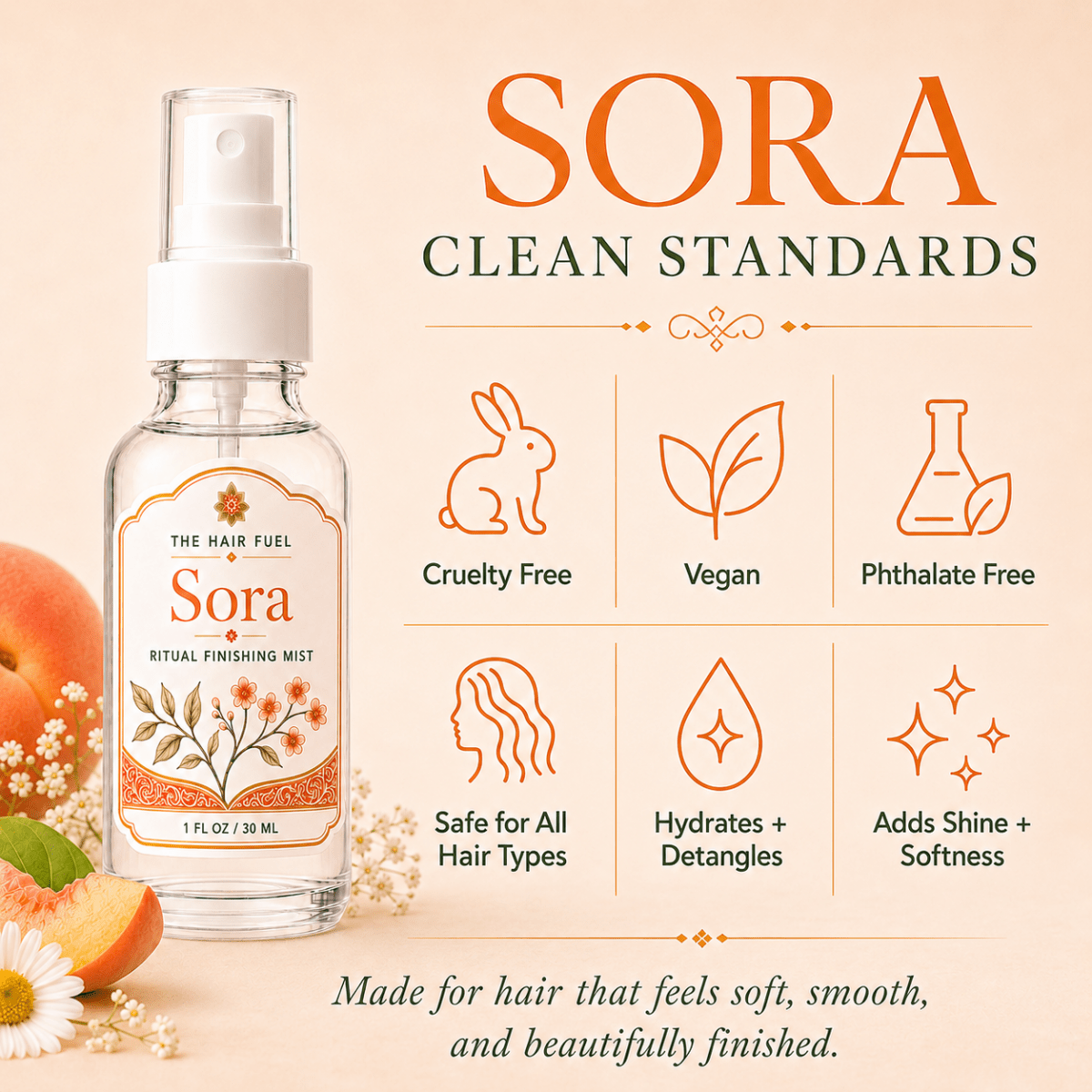 Sora hair product with branding and product features on a beige background