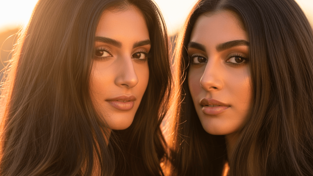 Two women with long dark hair standing close together, bathed in warm sunlight.