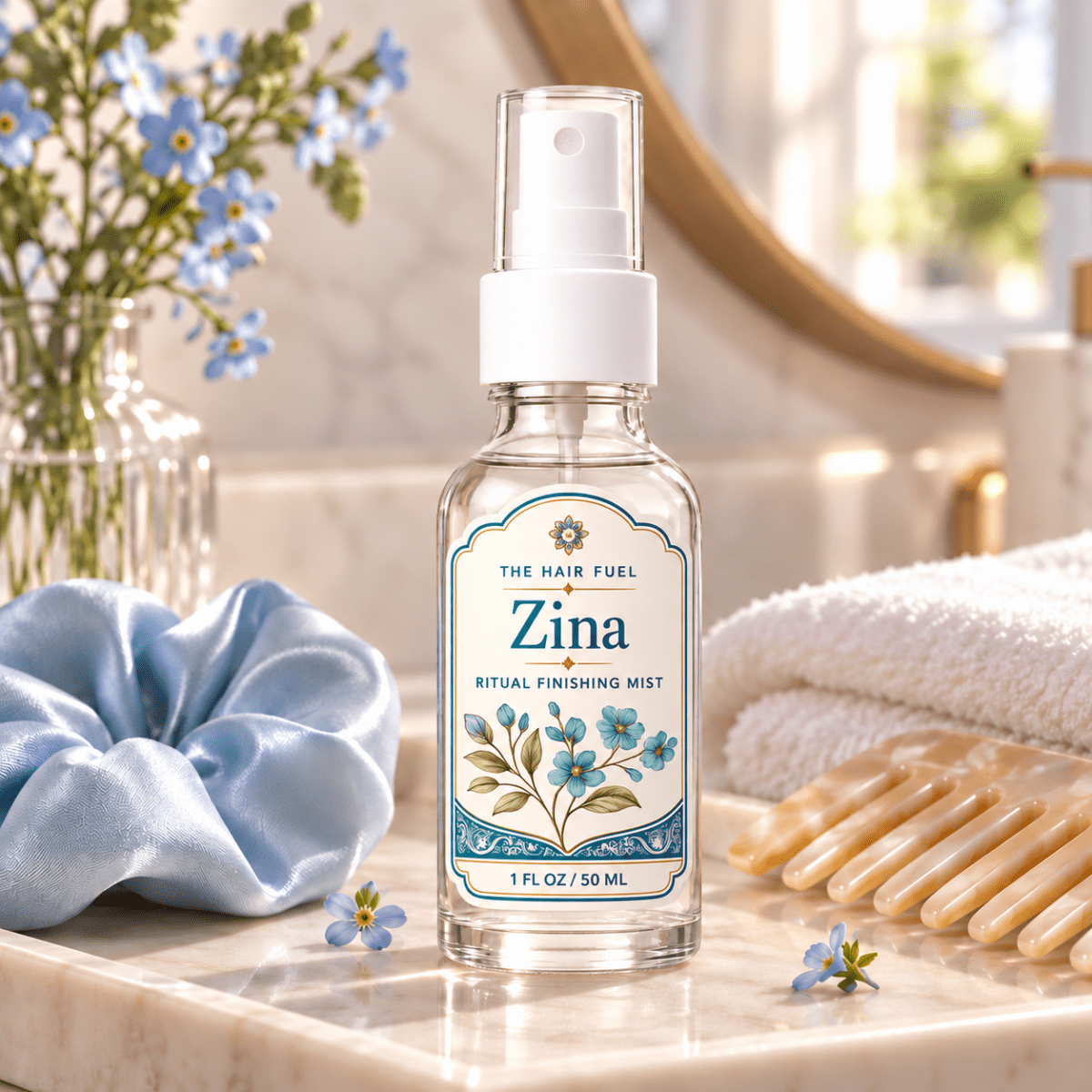 A clear glass bottle of Zina Ritual Finishing Mist with a white spray top, set on a marble surface with a blue scrunchie, flowers, a wooden comb, and a white towel in a bathroom setting.